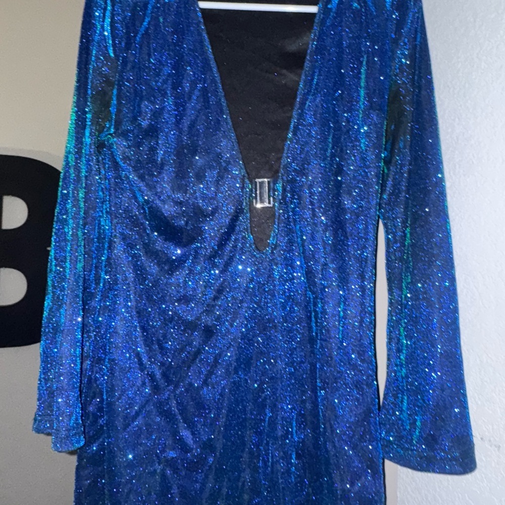 Cider Shimmering Blue V-Neck Dress